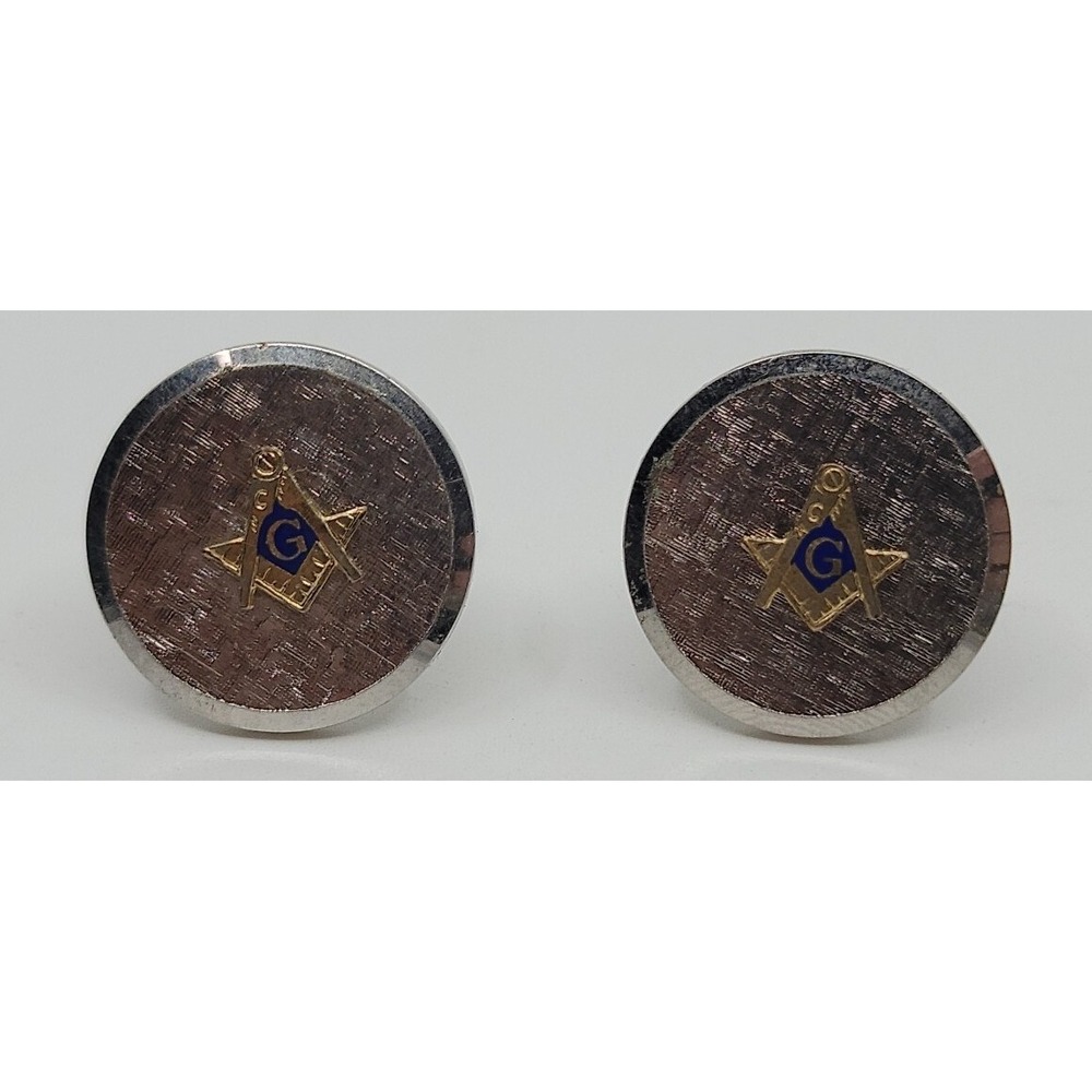 VINTAGE MASONIC CUFFLINKS FREEMASONRY SILVERTONE CIRCLES‎ ESTATE CLEANOUT FIND